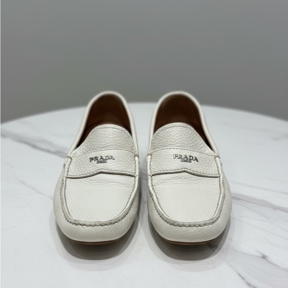 Prada Men's Cream Leather Slip-On Loafers